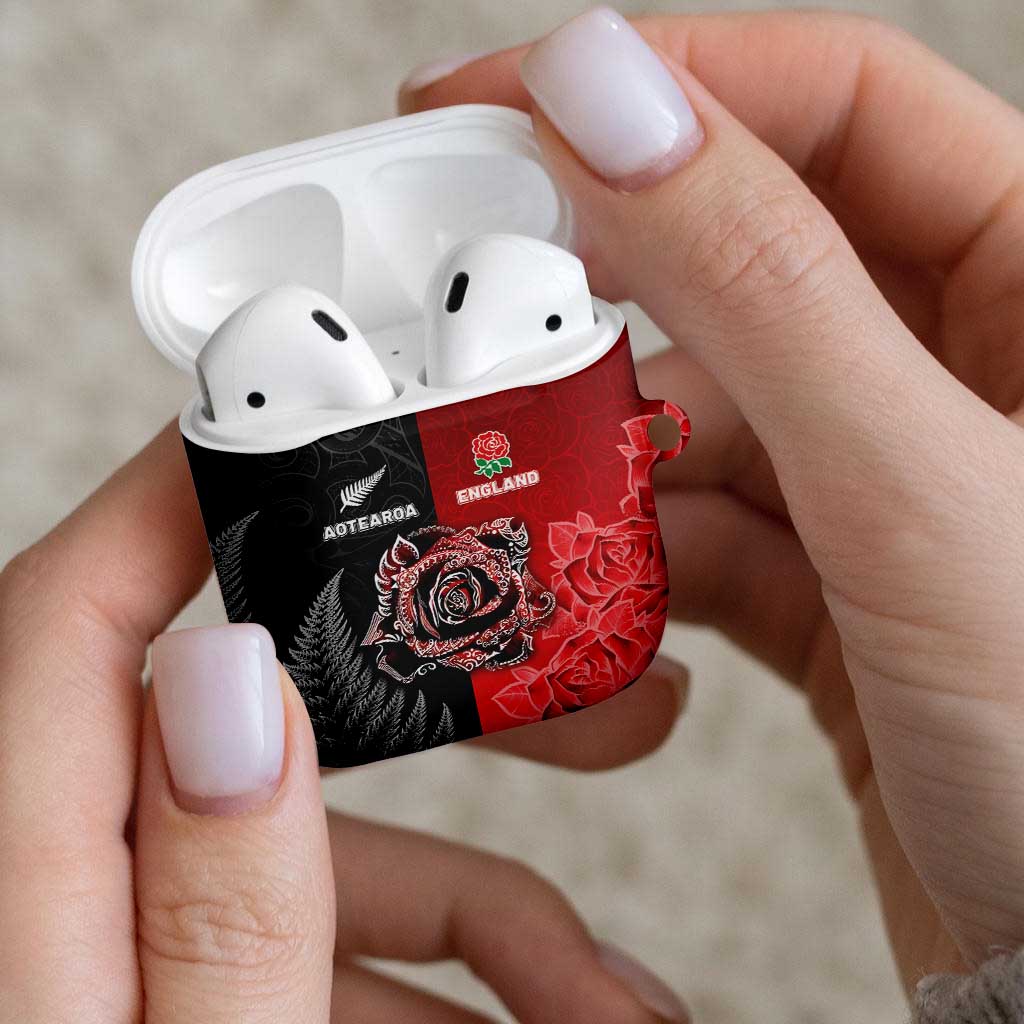 New Zealand And England Rugby AirPods Case Red Rose Mix Maori Pattern - Polynesian Pride