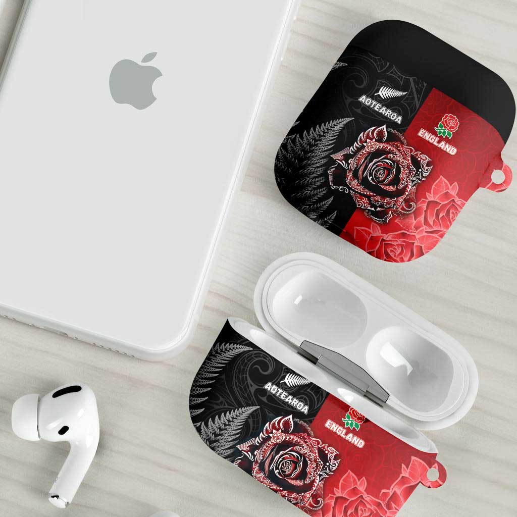 New Zealand And England Rugby AirPods Case Red Rose Mix Maori Pattern - Polynesian Pride