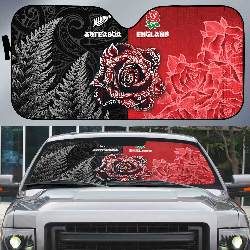 New Zealand And England Rugby Auto Sun Shade Red Rose Mix Maori Pattern - Polynesian Pride