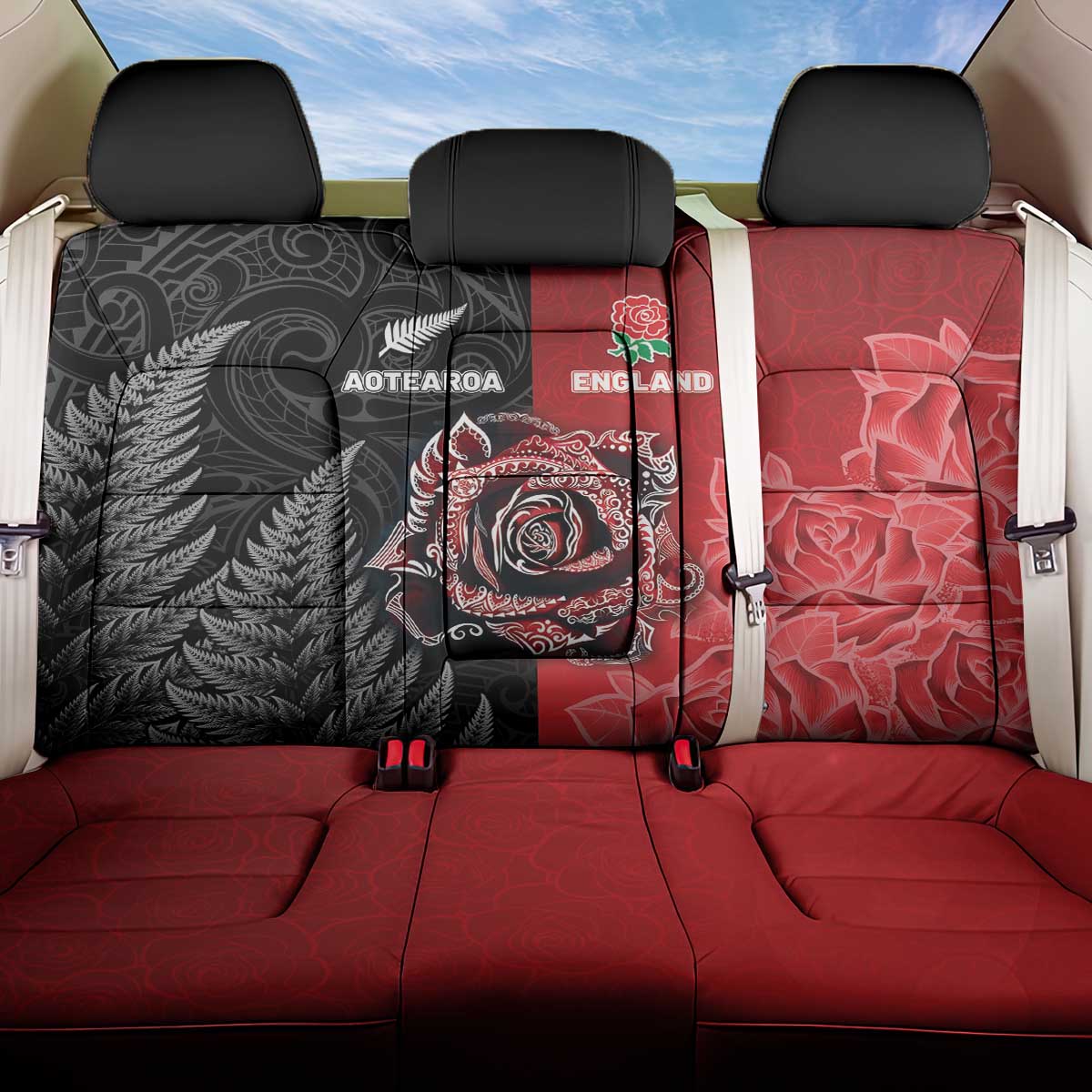 New Zealand And England Rugby Back Car Seat Cover Red Rose Mix Maori Pattern - Polynesian Pride