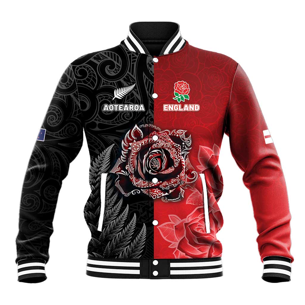 New Zealand And England Rugby Custom Baseball Jacket Red Rose Mix Maori Pattern - Polynesian Pride