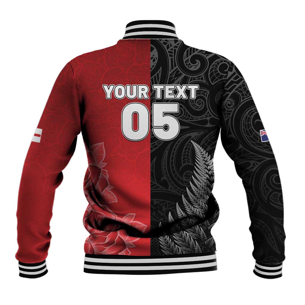 New Zealand And England Rugby Custom Baseball Jacket Red Rose Mix Maori Pattern - Polynesian Pride