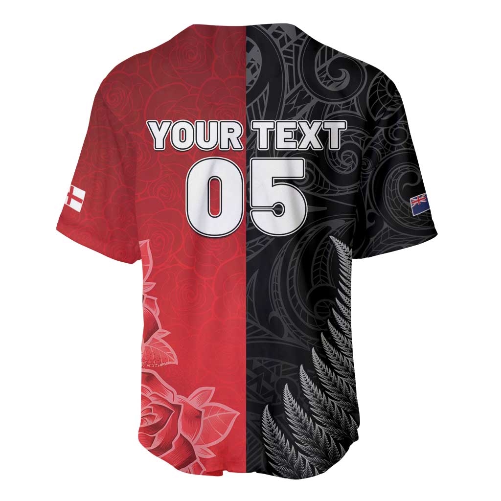 New Zealand And England Rugby Custom Baseball Jersey Red Rose Mix Maori Pattern - Polynesian Pride