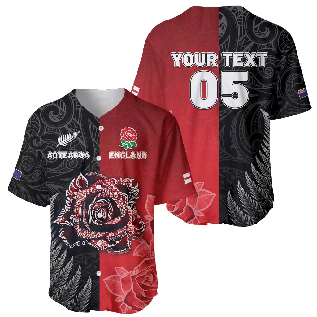 New Zealand And England Rugby Custom Baseball Jersey Red Rose Mix Maori Pattern - Polynesian Pride