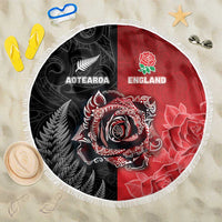 New Zealand And England Rugby Beach Blanket Red Rose Mix Maori Pattern - Polynesian Pride