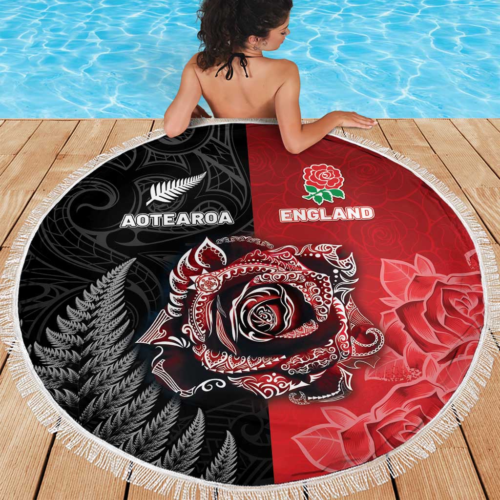 New Zealand And England Rugby Beach Blanket Red Rose Mix Maori Pattern - Polynesian Pride