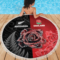 New Zealand And England Rugby Beach Blanket Red Rose Mix Maori Pattern - Polynesian Pride