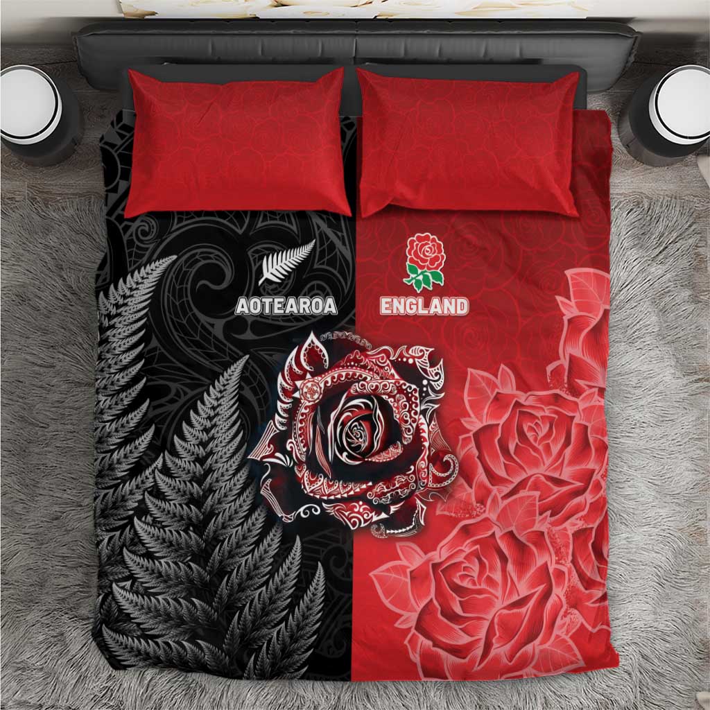 New Zealand And England Rugby Bedding Set Red Rose Mix Maori Pattern - Polynesian Pride