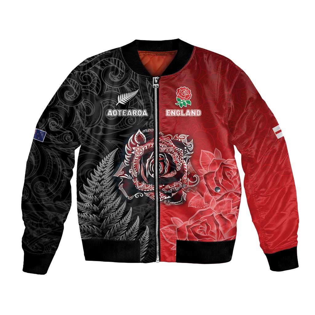 New Zealand And England Rugby Custom Bomber Jacket Red Rose Mix Maori Pattern - Polynesian Pride
