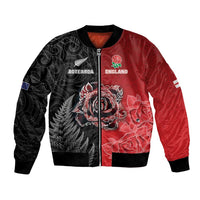 New Zealand And England Rugby Custom Bomber Jacket Red Rose Mix Maori Pattern - Polynesian Pride