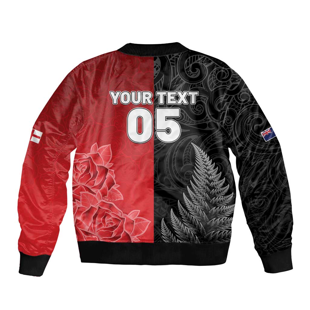 New Zealand And England Rugby Custom Bomber Jacket Red Rose Mix Maori Pattern - Polynesian Pride
