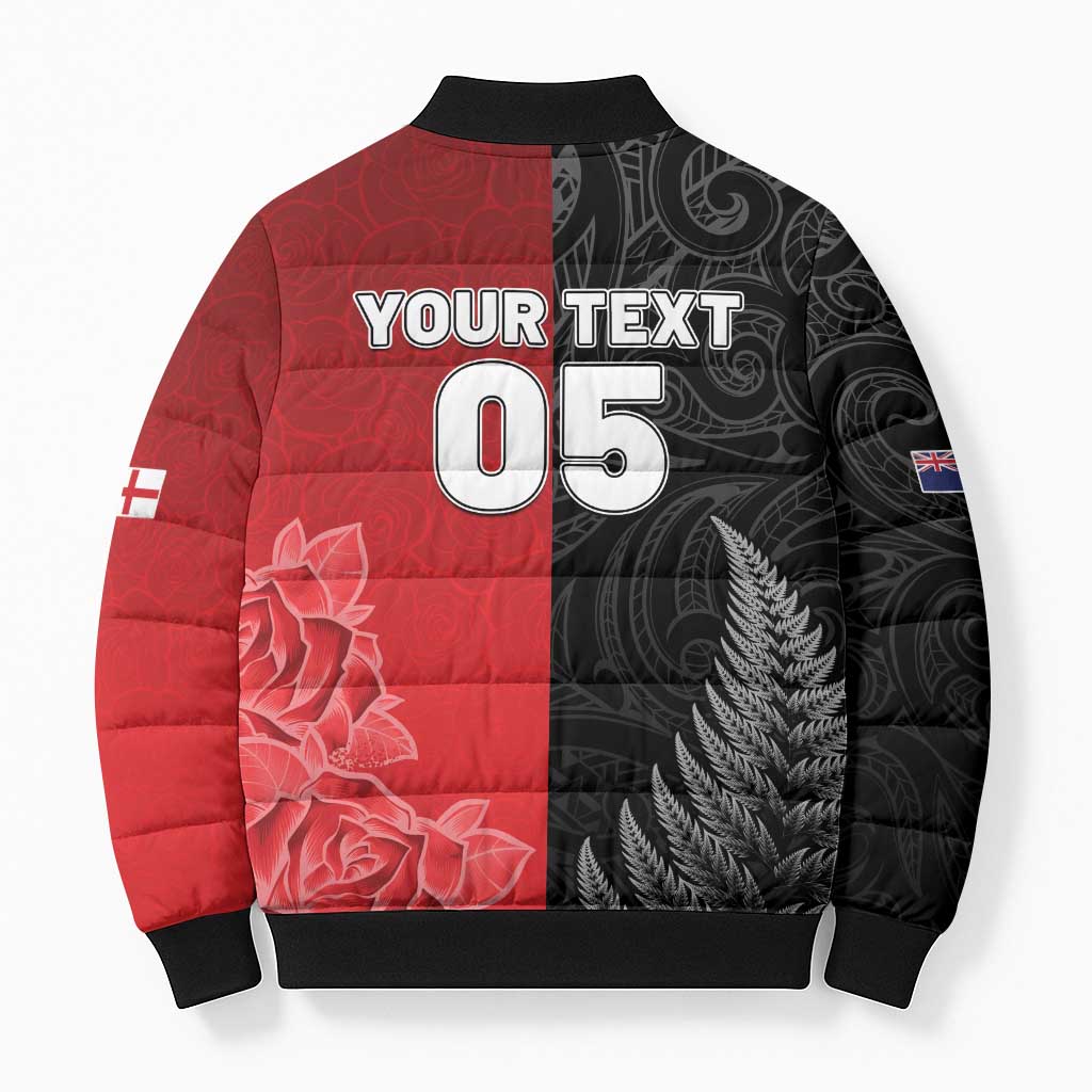 New Zealand And England Rugby Custom Bomber Puffer Jacket Red Rose Mix Maori Pattern - Polynesian Pride