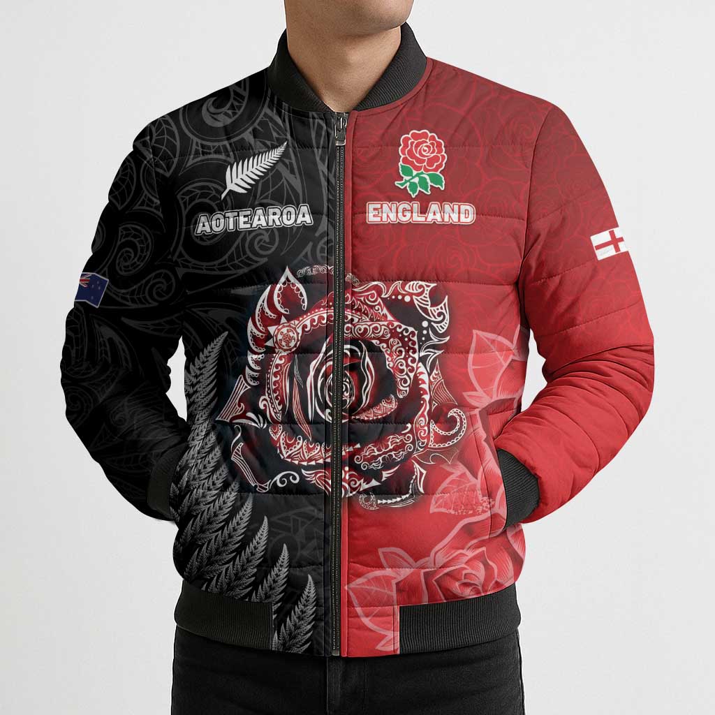 New Zealand And England Rugby Custom Bomber Puffer Jacket Red Rose Mix Maori Pattern - Polynesian Pride