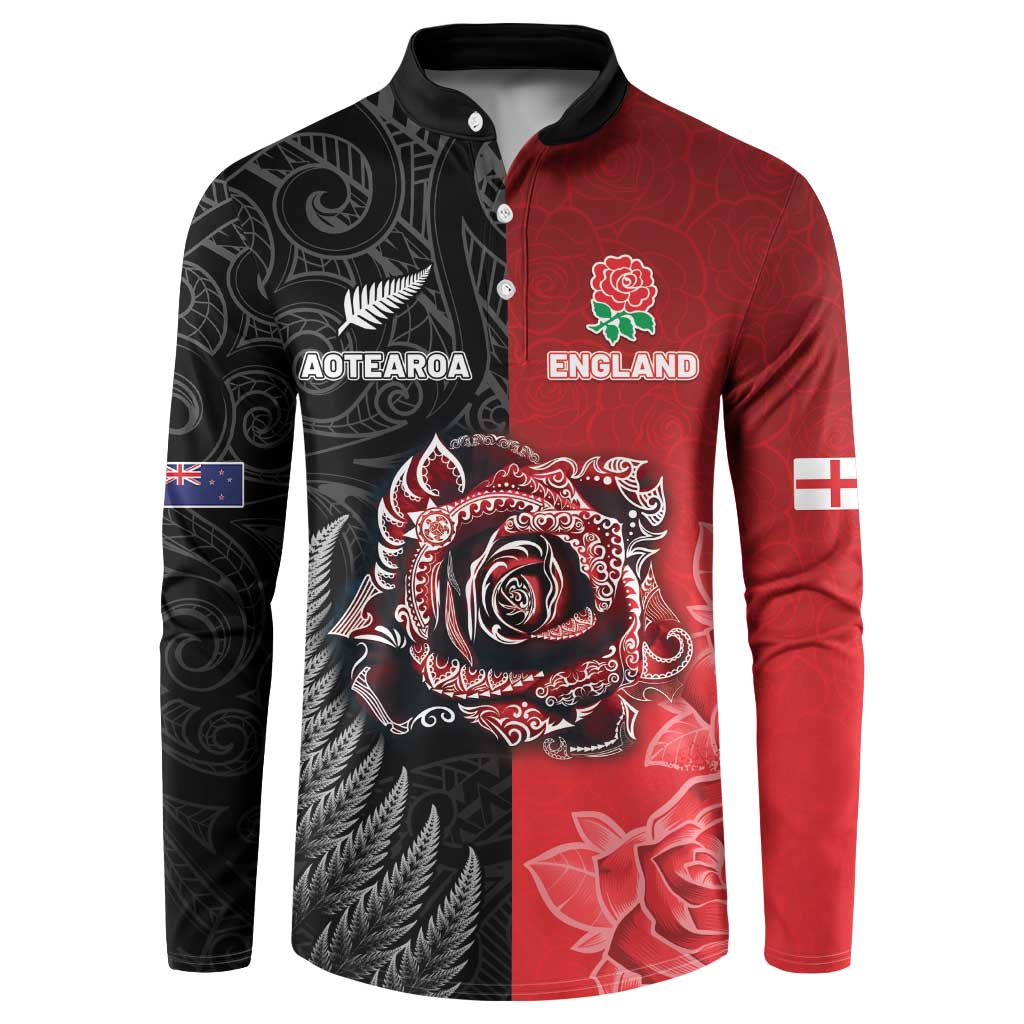 New Zealand And England Rugby Custom Button Sweatshirt Red Rose Mix Maori Pattern - Polynesian Pride