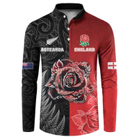 New Zealand And England Rugby Custom Button Sweatshirt Red Rose Mix Maori Pattern - Polynesian Pride