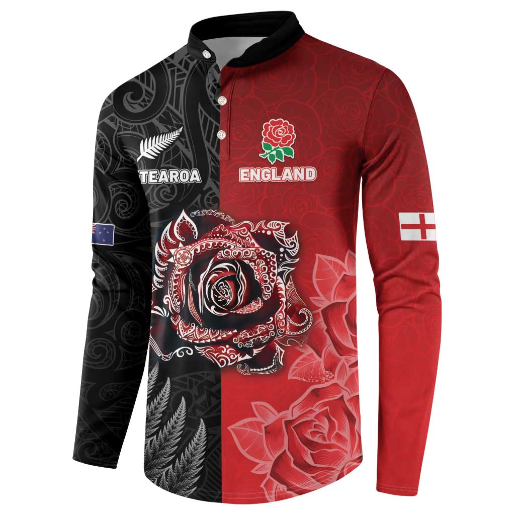 New Zealand And England Rugby Custom Button Sweatshirt Red Rose Mix Maori Pattern - Polynesian Pride