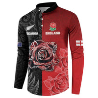 New Zealand And England Rugby Custom Button Sweatshirt Red Rose Mix Maori Pattern - Polynesian Pride