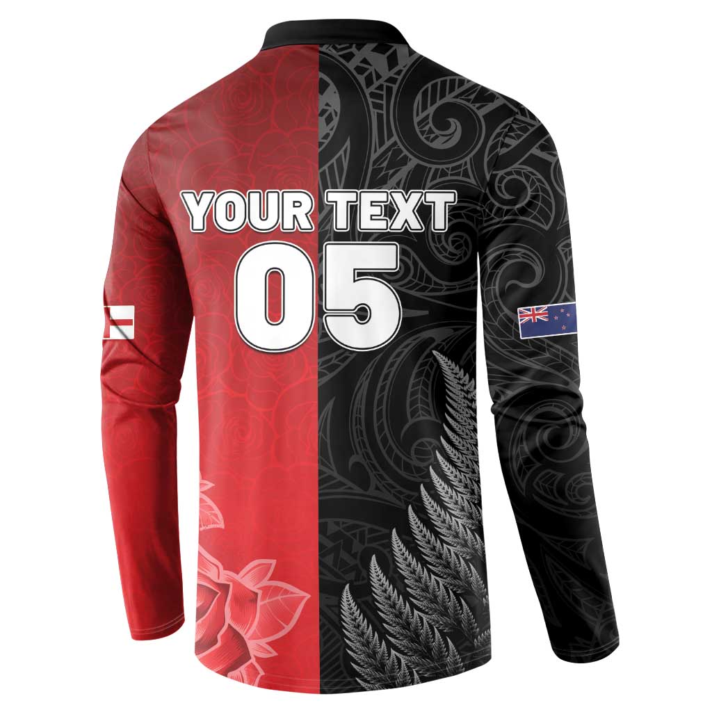 New Zealand And England Rugby Custom Button Sweatshirt Red Rose Mix Maori Pattern - Polynesian Pride