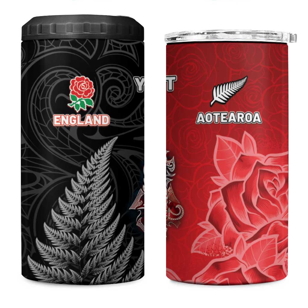 New Zealand And England Rugby Custom 4 in 1 Can Cooler Tumbler Red Rose Mix Maori Pattern - Polynesian Pride