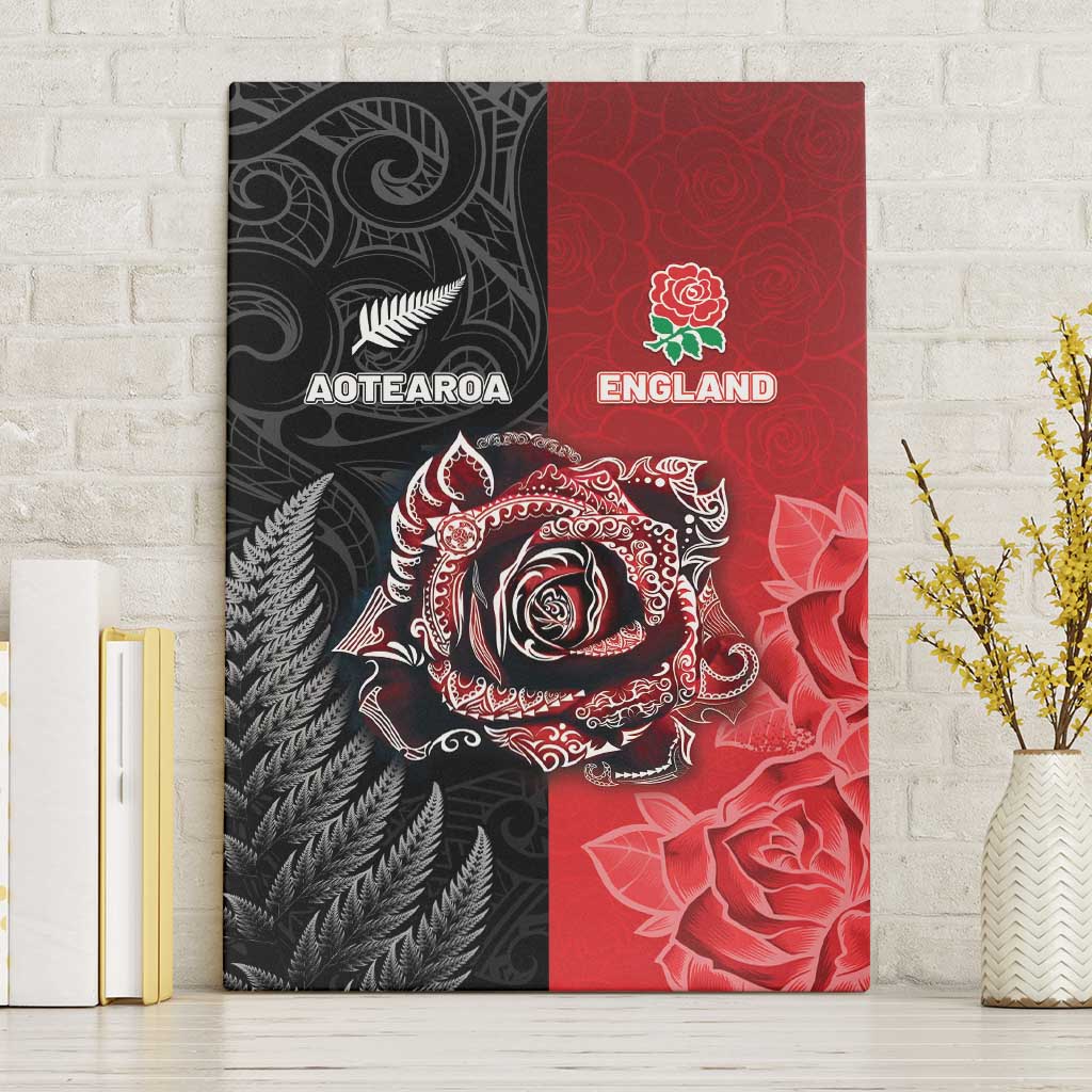 New Zealand And England Rugby Canvas Wall Art Red Rose Mix Maori Pattern - Polynesian Pride