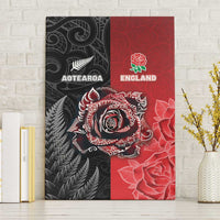 New Zealand And England Rugby Canvas Wall Art Red Rose Mix Maori Pattern - Polynesian Pride