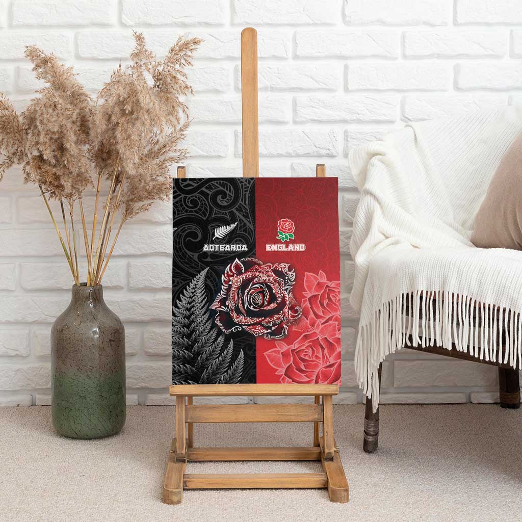 New Zealand And England Rugby Canvas Wall Art Red Rose Mix Maori Pattern - Polynesian Pride