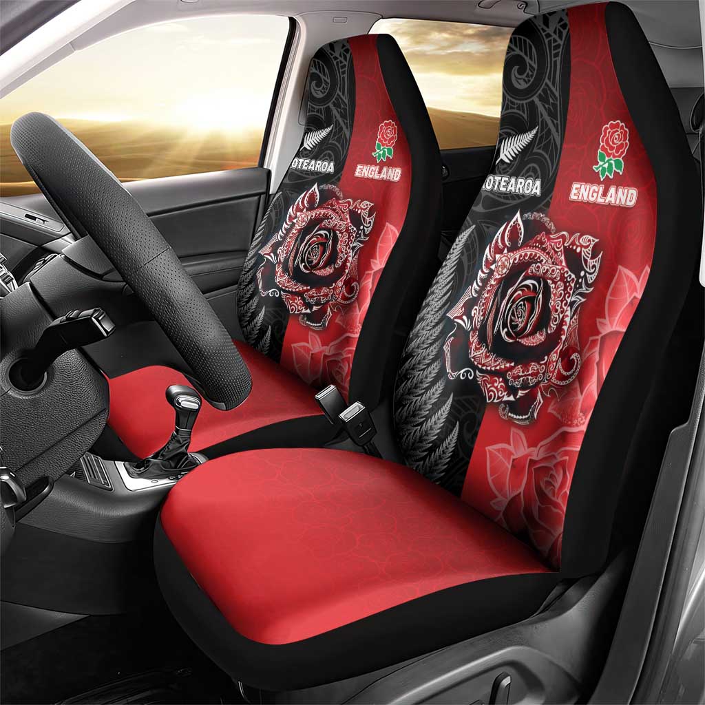 New Zealand And England Rugby Car Seat Cover Red Rose Mix Maori Pattern - Polynesian Pride