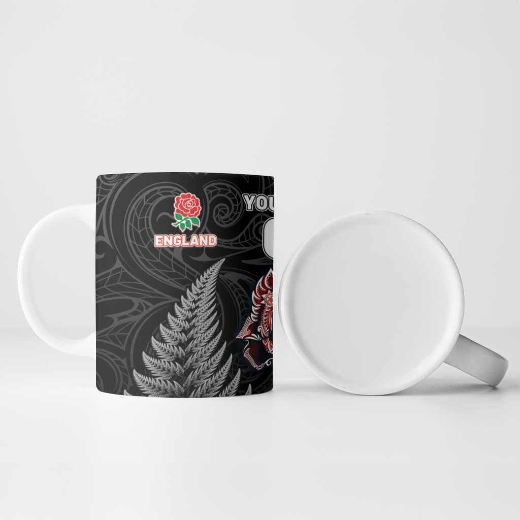 New Zealand And England Rugby Custom Ceramic Mug Red Rose Mix Maori Pattern - Polynesian Pride
