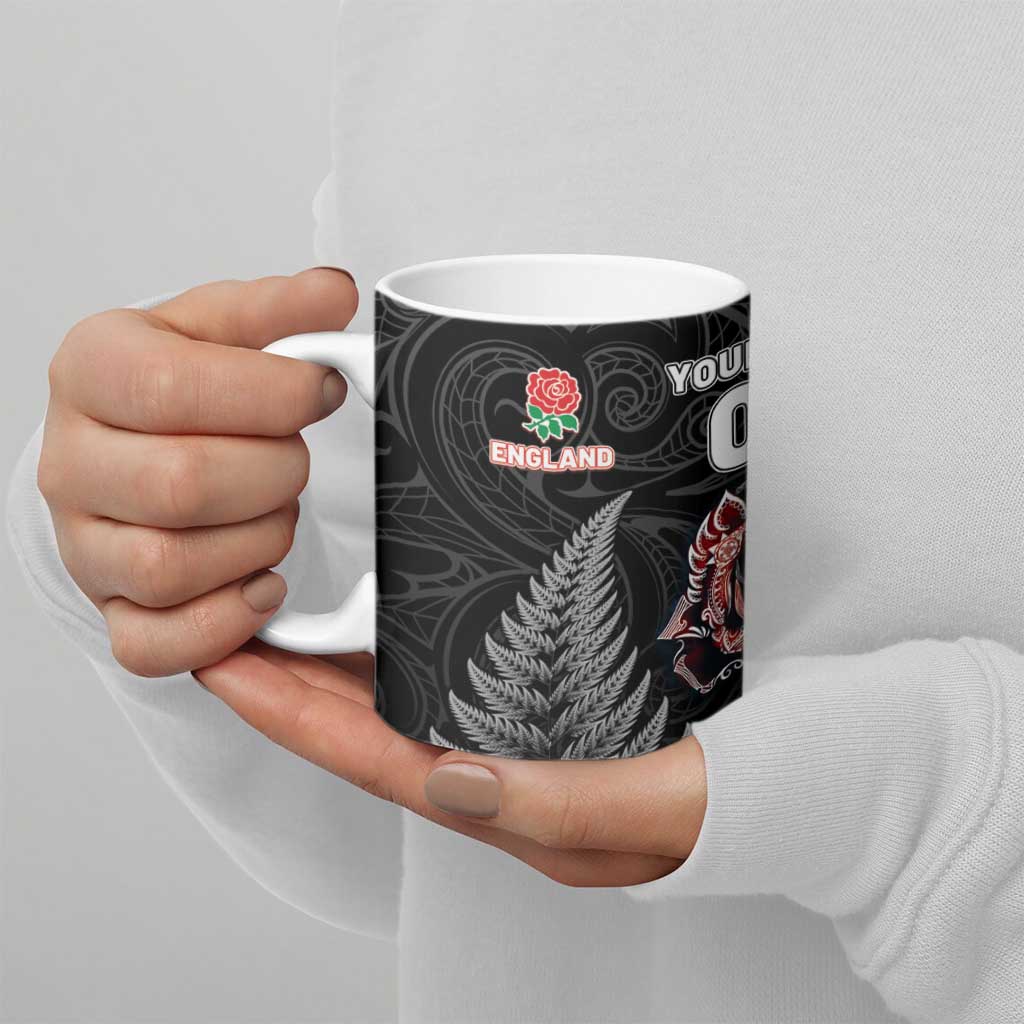 New Zealand And England Rugby Custom Ceramic Mug Red Rose Mix Maori Pattern - Polynesian Pride