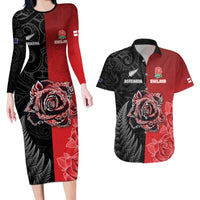 New Zealand And England Rugby Custom Couples Matching Long Sleeve Bodycon Dress and Hawaiian Shirt Red Rose Mix Maori Pattern - Polynesian Pride
