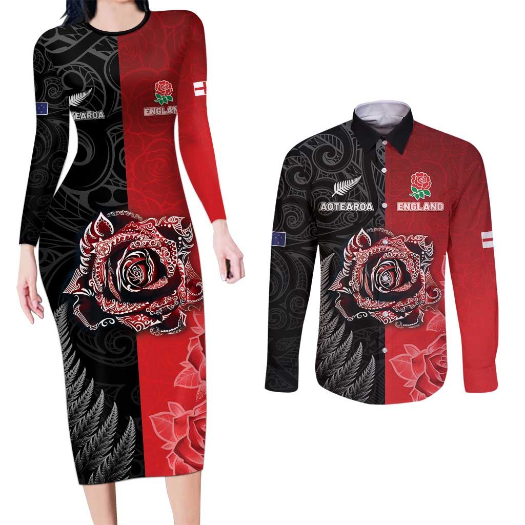 New Zealand And England Rugby Custom Couples Matching Long Sleeve Bodycon Dress and Long Sleeve Button Shirt Red Rose Mix Maori Pattern - Polynesian Pride