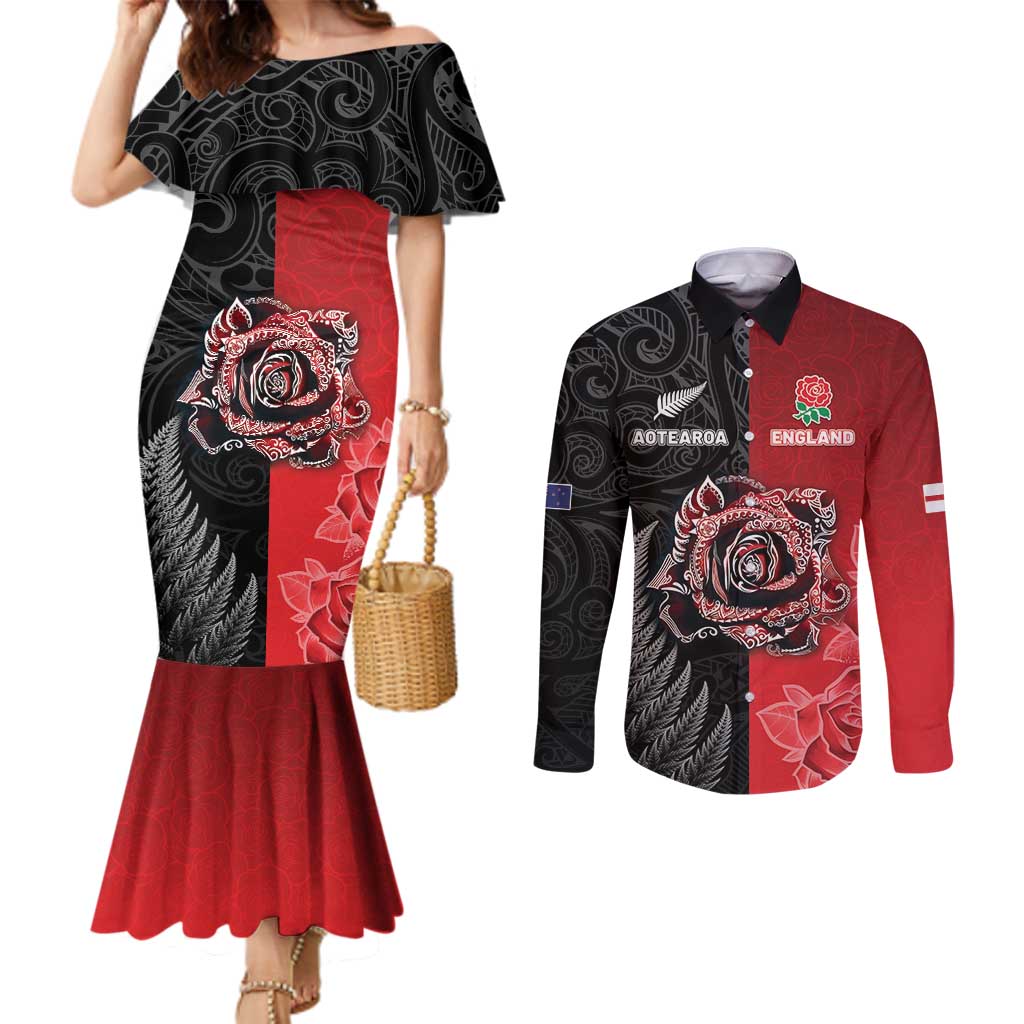 New Zealand And England Rugby Custom Couples Matching Mermaid Dress and Long Sleeve Button Shirt Red Rose Mix Maori Pattern - Polynesian Pride