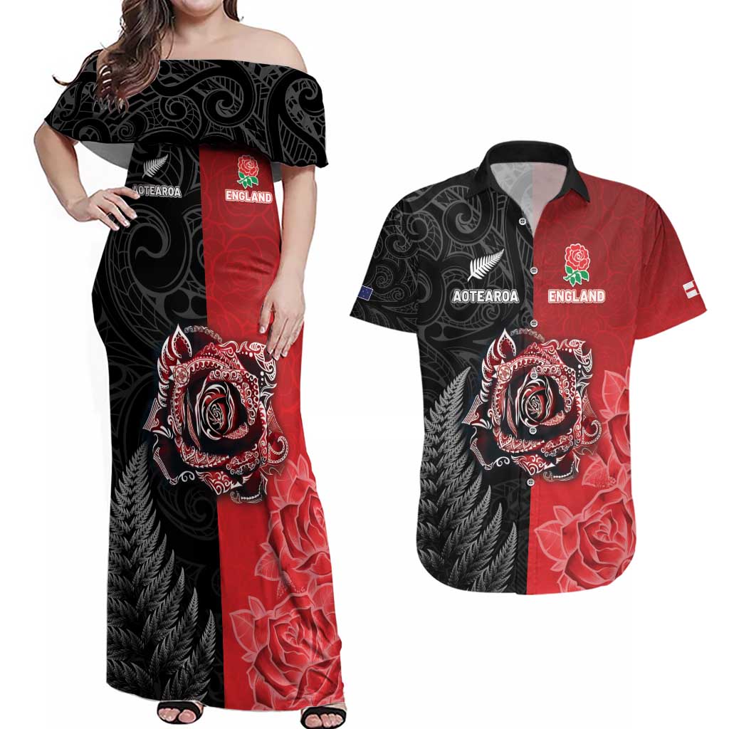 New Zealand And England Rugby Custom Couples Matching Off Shoulder Maxi Dress and Hawaiian Shirt Red Rose Mix Maori Pattern - Polynesian Pride