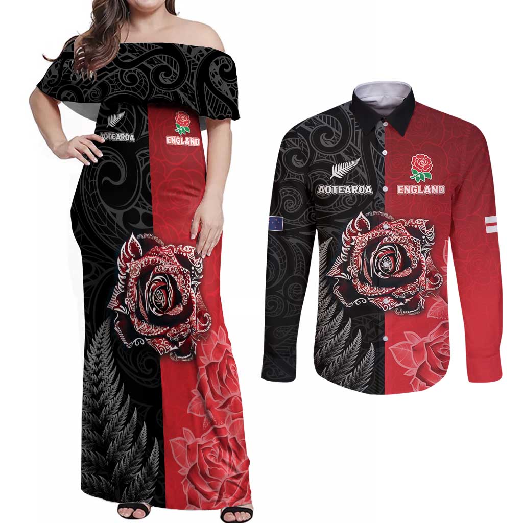 New Zealand And England Rugby Custom Couples Matching Off Shoulder Maxi Dress and Long Sleeve Button Shirt Red Rose Mix Maori Pattern - Polynesian Pride
