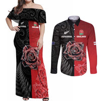 New Zealand And England Rugby Custom Couples Matching Off Shoulder Maxi Dress and Long Sleeve Button Shirt Red Rose Mix Maori Pattern - Polynesian Pride