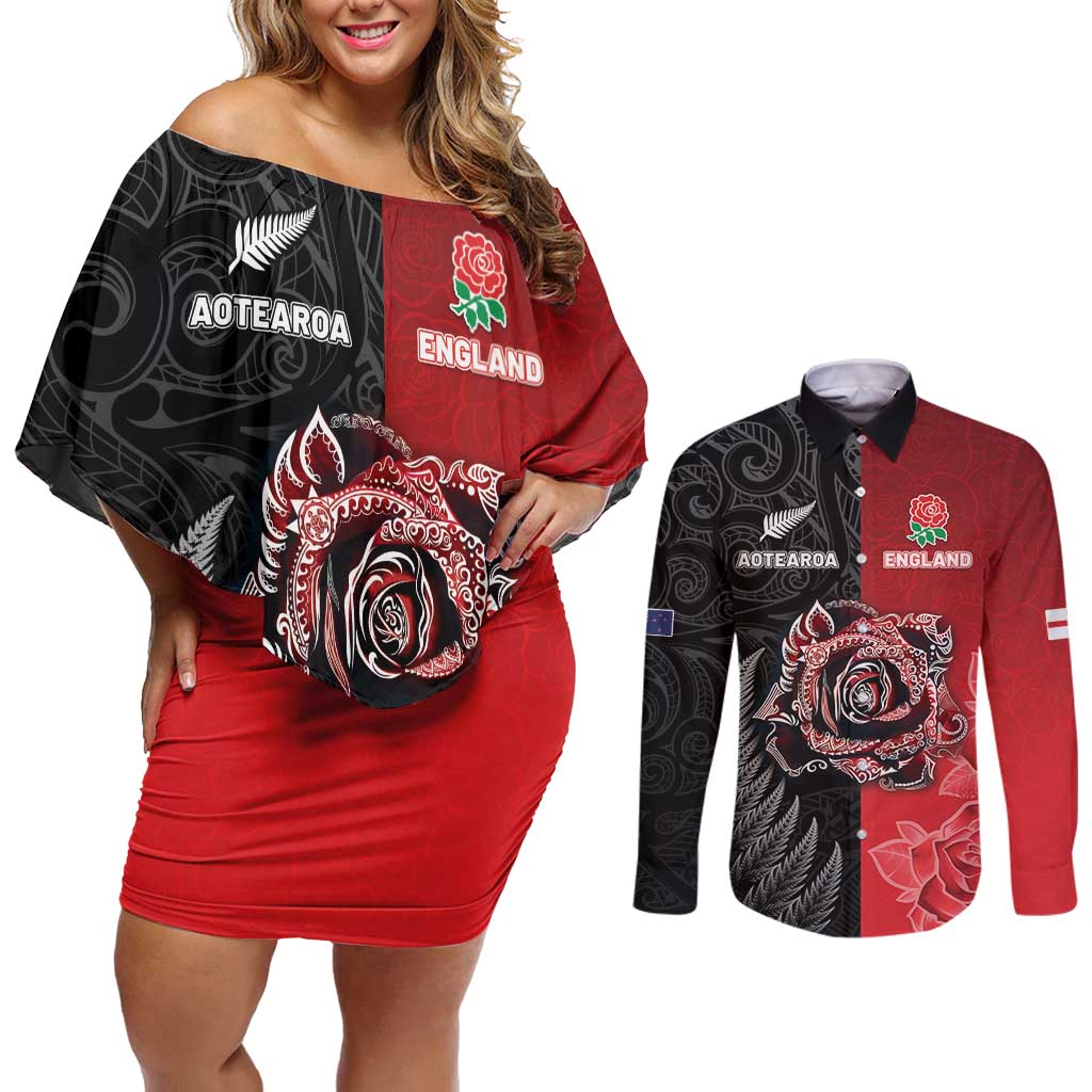 New Zealand And England Rugby Custom Couples Matching Off Shoulder Short Dress and Long Sleeve Button Shirt Red Rose Mix Maori Pattern - Polynesian Pride