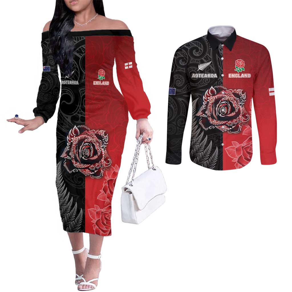 New Zealand And England Rugby Custom Couples Matching Off The Shoulder Long Sleeve Dress and Long Sleeve Button Shirt Red Rose Mix Maori Pattern - Polynesian Pride