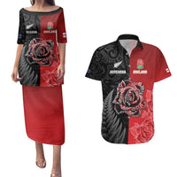New Zealand And England Rugby Custom Couples Matching Puletasi and Hawaiian Shirt Red Rose Mix Maori Pattern - Polynesian Pride