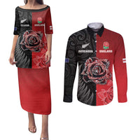 New Zealand And England Rugby Custom Couples Matching Puletasi and Long Sleeve Button Shirt Red Rose Mix Maori Pattern - Polynesian Pride
