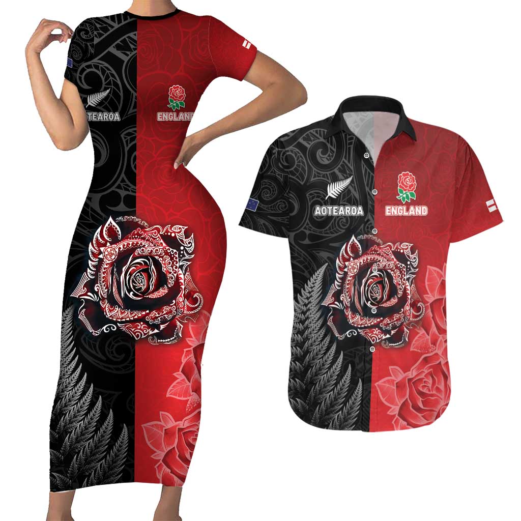 New Zealand And England Rugby Custom Couples Matching Short Sleeve Bodycon Dress and Hawaiian Shirt Red Rose Mix Maori Pattern - Polynesian Pride