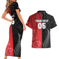 New Zealand And England Rugby Custom Couples Matching Short Sleeve Bodycon Dress and Hawaiian Shirt Red Rose Mix Maori Pattern - Polynesian Pride