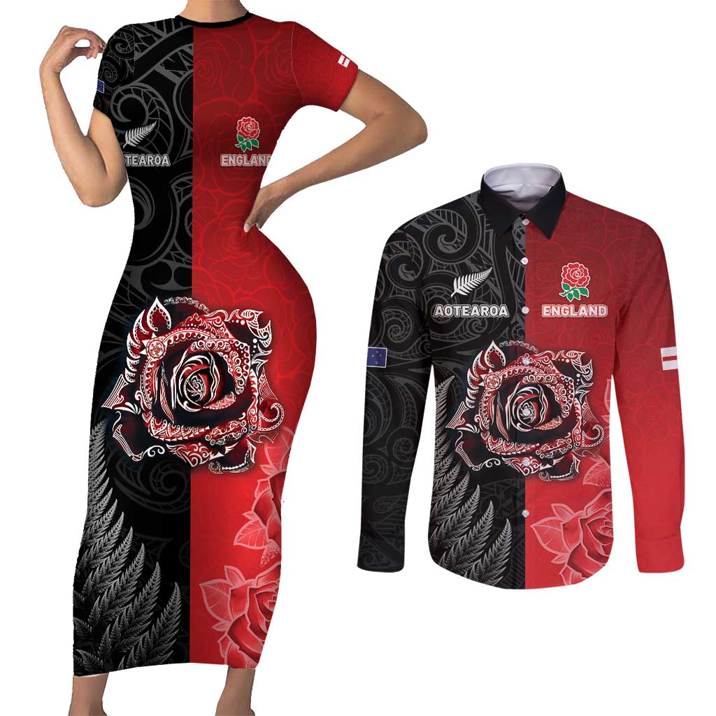 New Zealand And England Rugby Custom Couples Matching Short Sleeve Bodycon Dress and Long Sleeve Button Shirt Red Rose Mix Maori Pattern - Polynesian Pride