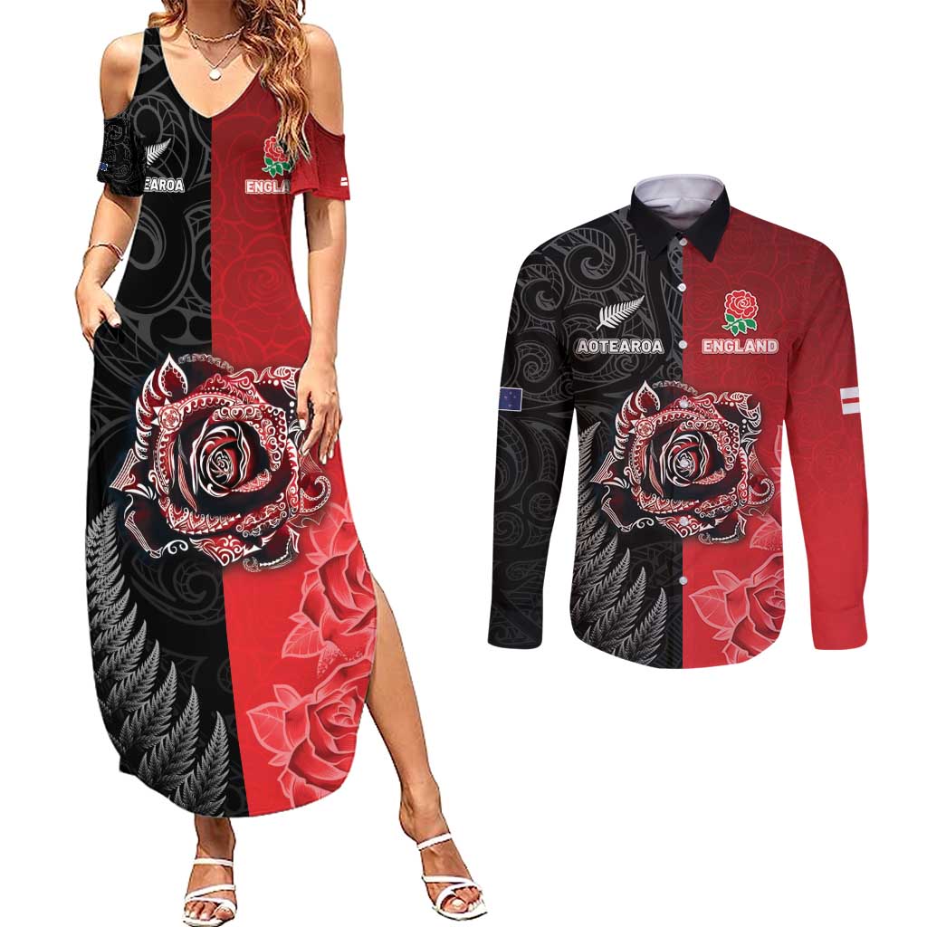 New Zealand And England Rugby Custom Couples Matching Summer Maxi Dress and Long Sleeve Button Shirt Red Rose Mix Maori Pattern - Polynesian Pride