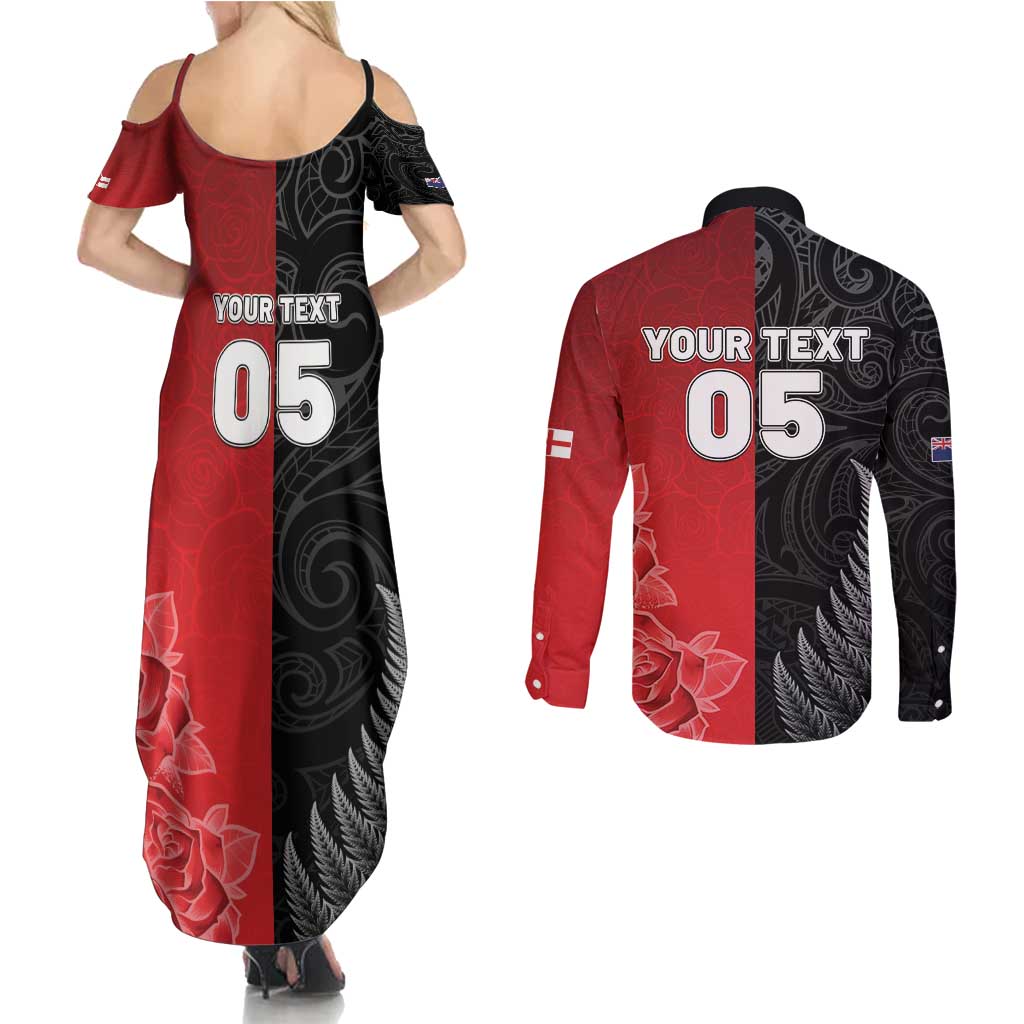 New Zealand And England Rugby Custom Couples Matching Summer Maxi Dress and Long Sleeve Button Shirt Red Rose Mix Maori Pattern - Polynesian Pride