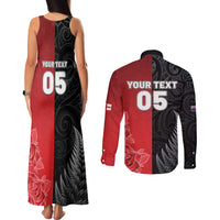 New Zealand And England Rugby Custom Couples Matching Tank Maxi Dress and Long Sleeve Button Shirt Red Rose Mix Maori Pattern - Polynesian Pride