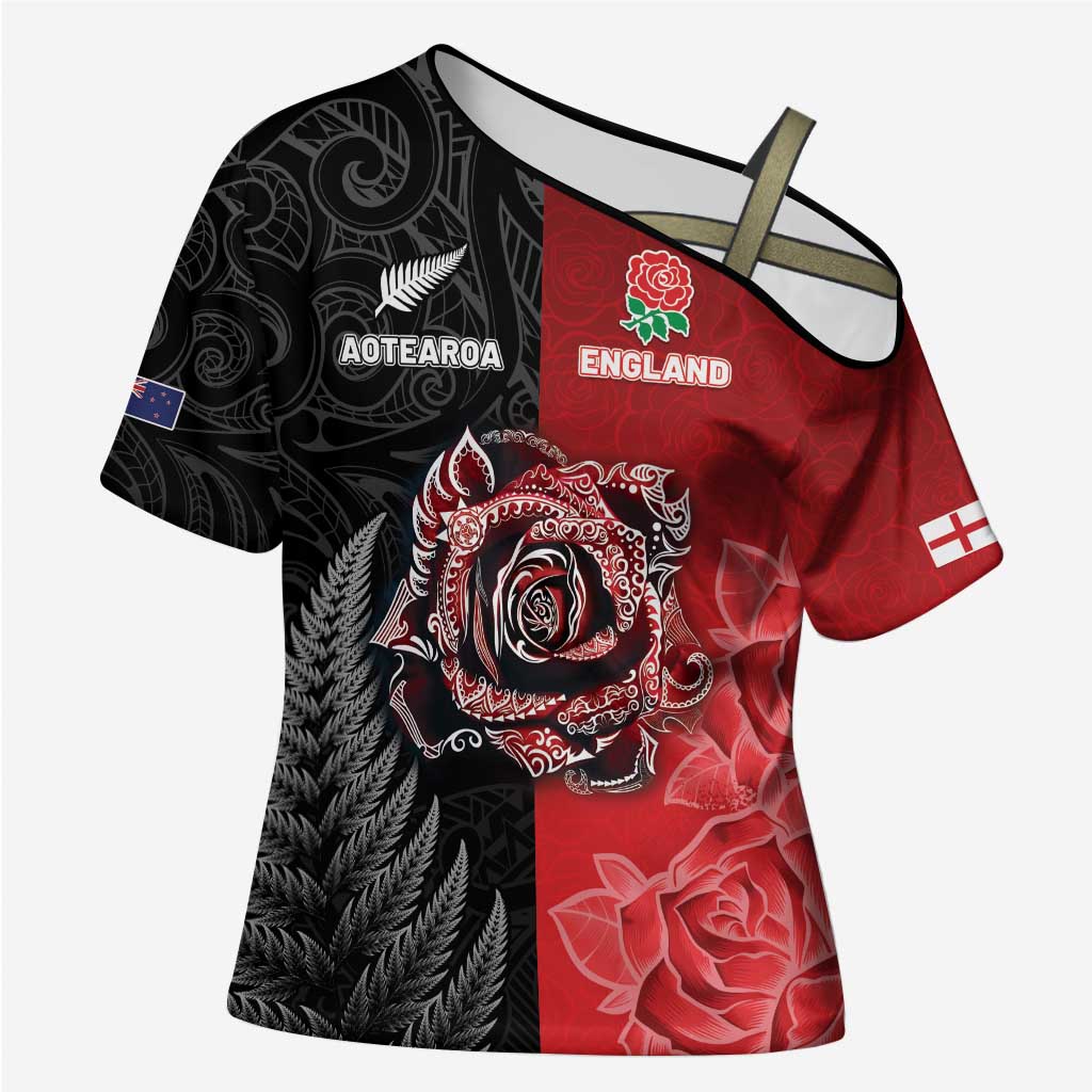 New Zealand And England Rugby Custom Cross Shoulder Shirt Red Rose Mix Maori Pattern - Polynesian Pride