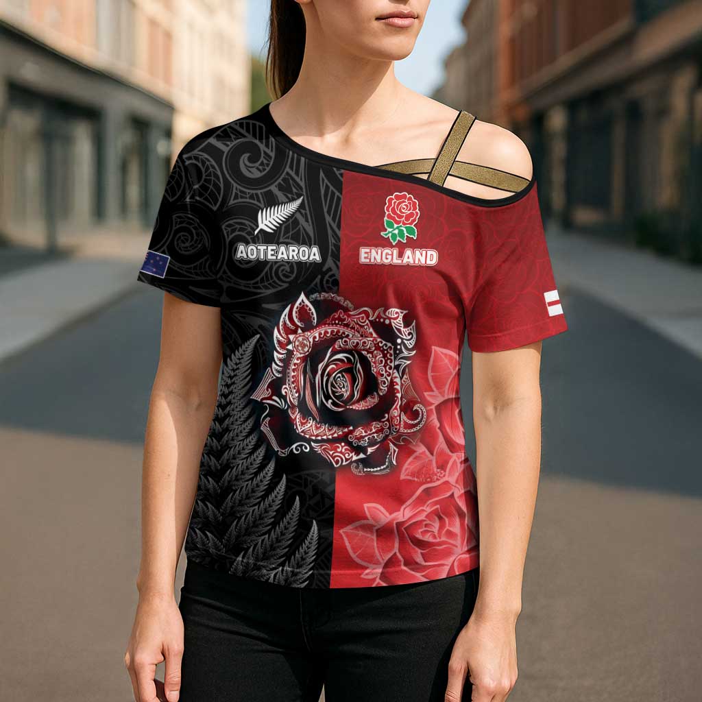 New Zealand And England Rugby Custom Cross Shoulder Shirt Red Rose Mix Maori Pattern - Polynesian Pride
