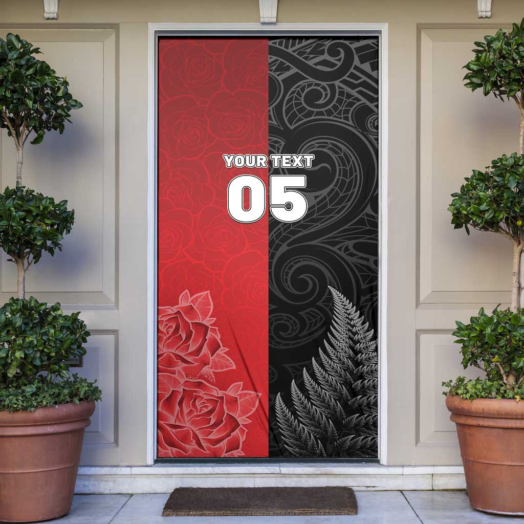 New Zealand And England Rugby Custom Door Cover Red Rose Mix Maori Pattern - Polynesian Pride