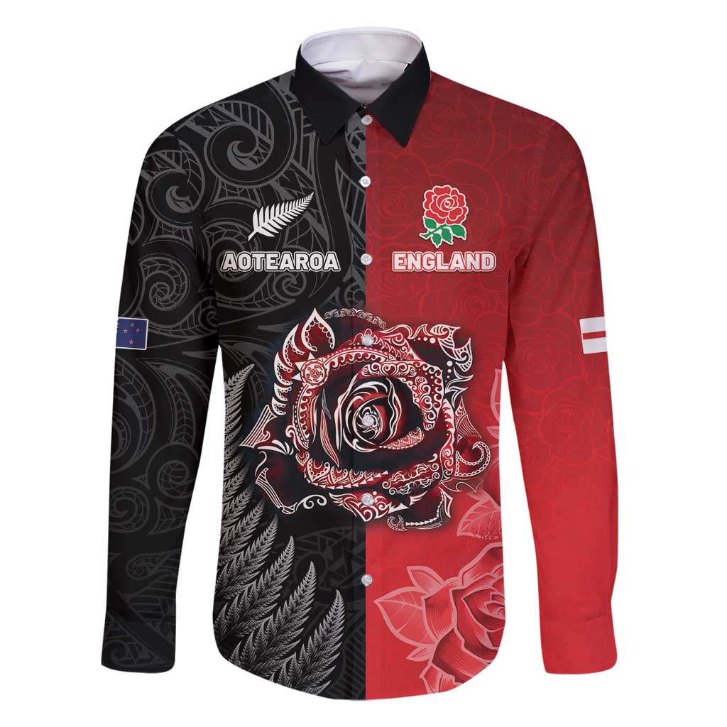New Zealand And England Rugby Custom Family Matching Long Sleeve Bodycon Dress and Hawaiian Shirt Red Rose Mix Maori Pattern - Polynesian Pride