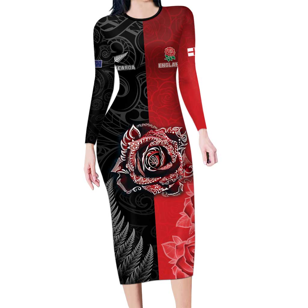 New Zealand And England Rugby Custom Family Matching Long Sleeve Bodycon Dress and Hawaiian Shirt Red Rose Mix Maori Pattern - Polynesian Pride